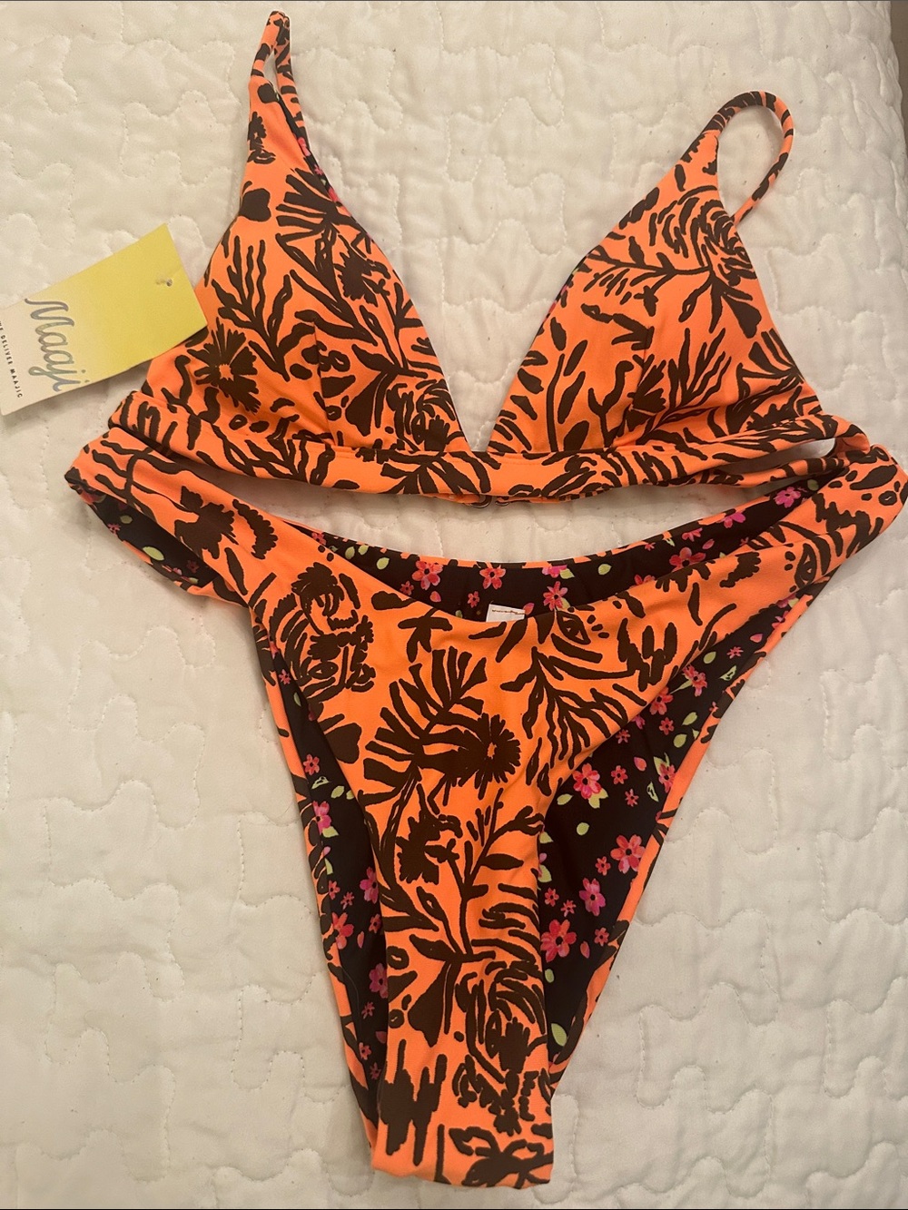 Maaji Neon Orange and brown Floral-Print Bikini